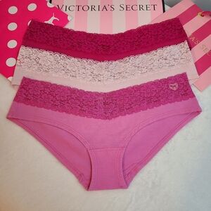 VTG VS PINK 3pk Lace Trim Cotton Extra Low Rise Hipster Panties Size M